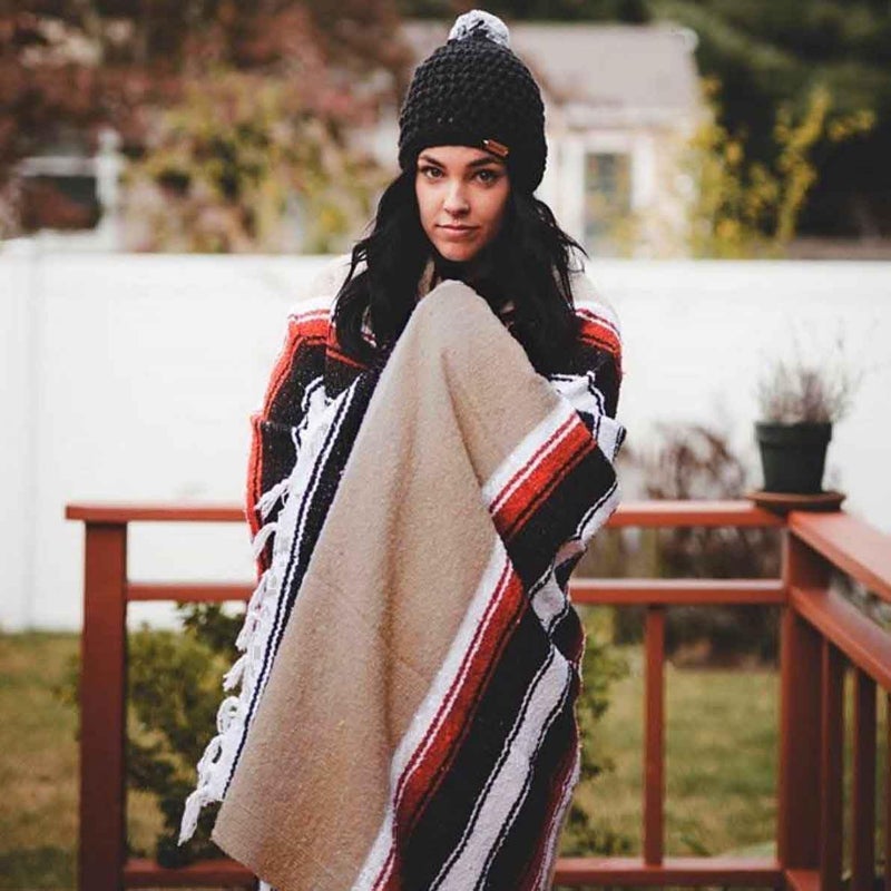 Open Road Goods Tan/Khaki Mexican Yoga Blanket - Thick Diamond Serape with Orange and Brown Stripes - Image 3